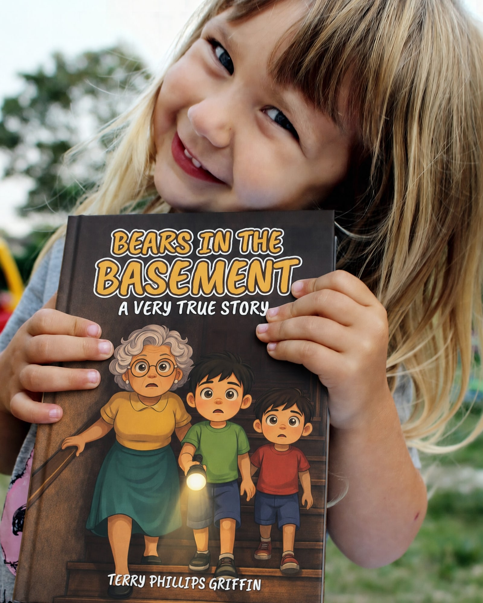 A smiling girl hugging Bears in the Basement outdoors