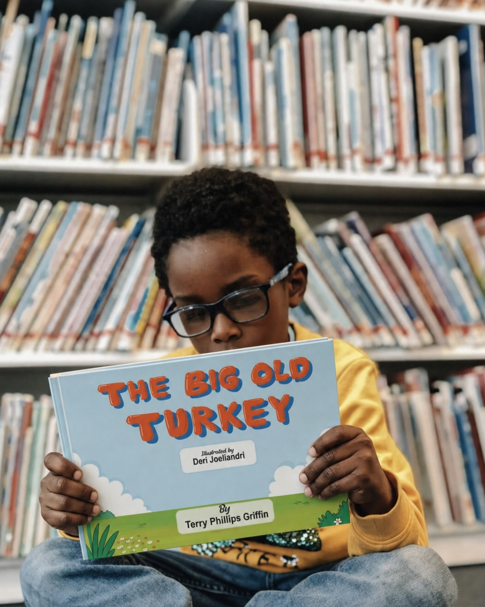 A boy holding The Big Old Turkey in a sunlit library