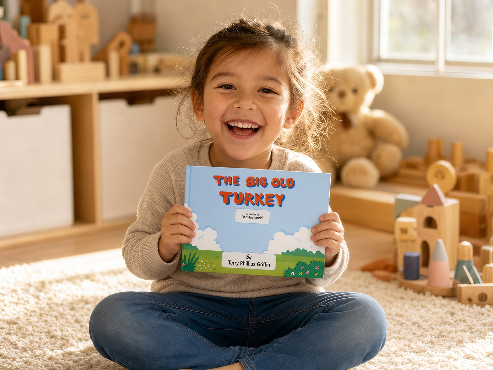 A laughing girl holding up The Big Old Turkey in a sunny playroom