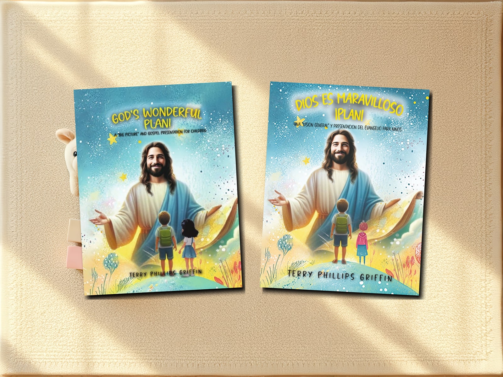 God's Wonderful Plan! in English and Spanish, side by side on a soft play rug