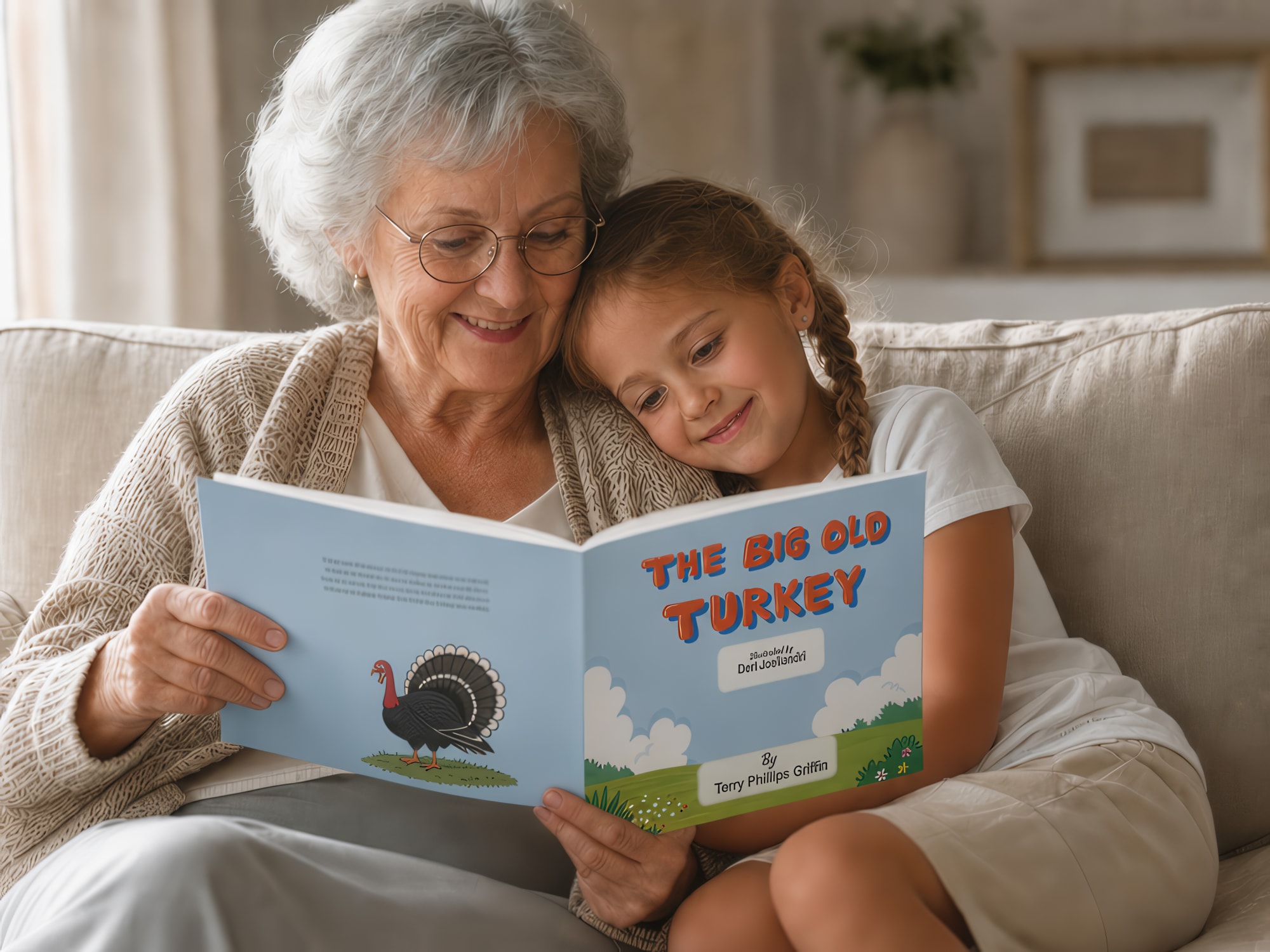 A grandmother and her granddaughter reading The Big Old Turkey together on the sofa